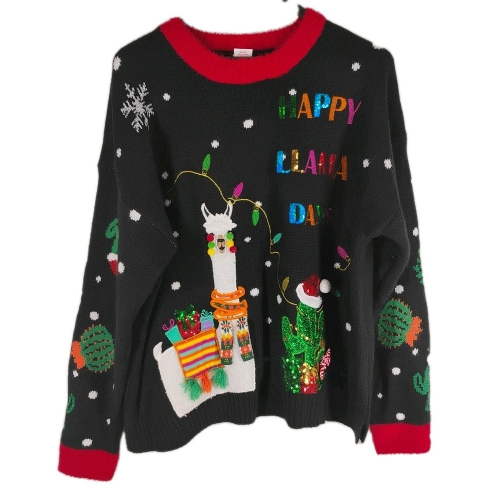 Ugly Christmas Women's Holiday Time Sweater size XL Happy Llama Days Cactus